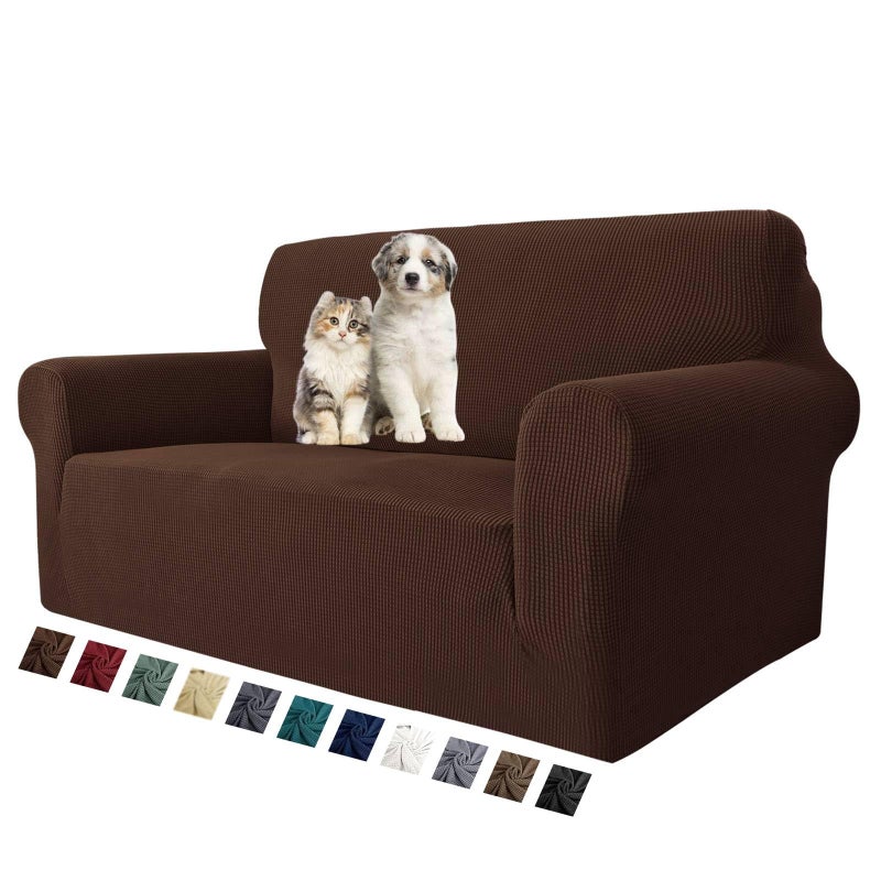 MAXIJIN Stretch Loveseat Sofa Slipcovers 1 Piece Love Seat Couch Covers for 2 Cushion Couch Non Slip Sofa Cover Washable Dog Cat Proof Furniture Protector Pet Friendly (Loveseat, Coffee) - Image 1